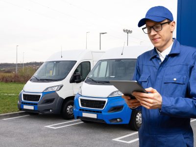 Manager with a digital tablet on the background of vans. Fleet management	.